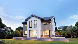 Ganz nach Wunsch lassen sich die ELK-Häuser mit einer eleganten Massivholzschalung gestalten, die mit ADLER geschützt und veredelt wird. | © ELK Fertighaus GmbH | © ELK Fertighaus GmbH