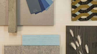 Nordische Gemütlichkeit vermittelt die Materialzusammenstellung am Woodboard Nordic Blue.