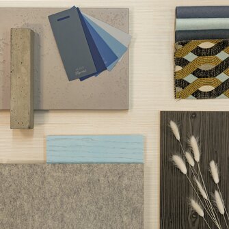 Nordische Gemütlichkeit vermittelt die Materialzusammenstellung am Woodboard Nordic Blue.
