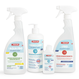 ADLER Clean Aqua-Disinfectant Pro und ADLER Clean Hand-Care Disinfectant verbinden verlässliche Desinfektion, Reinigung und Pflege in einem Produkt.