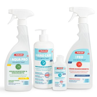 ADLER Clean Aqua-Disinfectant Pro und ADLER Clean Hand-Care Disinfectant verbinden verlässliche Desinfektion, Reinigung und Pflege in einem Produkt.