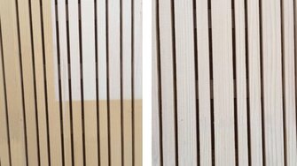 Der Vergleich macht Sie sicher: Während unbehandeltes Holz (li.) in der Sonne stark vergilbt, bewahrt die mit Lignovit Interior UV 100 im Farbton Tanne beschichtete Fläche (re.) auch nach fünfmonatiger Sonnenbestrahlung ihre natürliche Schönheit. (Fotohinweis: ADLER)